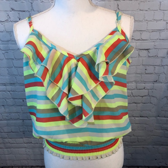 About A Girl Tops - ABOUT A GIRL Cami Top Ruffle Front Striped Red, Yellow, Blue-XL